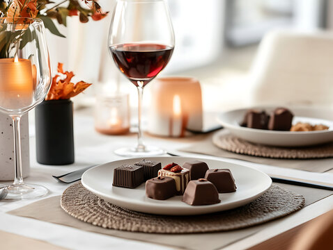 Elegant table setting with gourmet chocolates and red wine for a special occasion