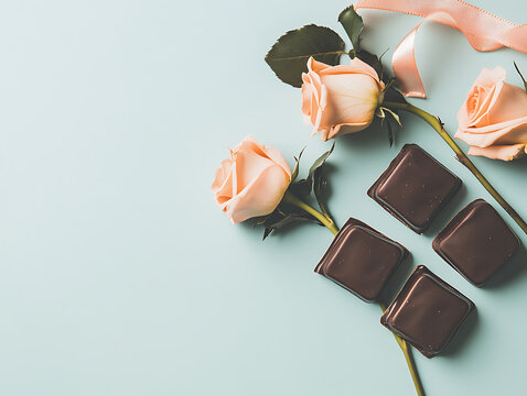 Elegant peach roses and dark chocolate squares arranged on a soft blue background