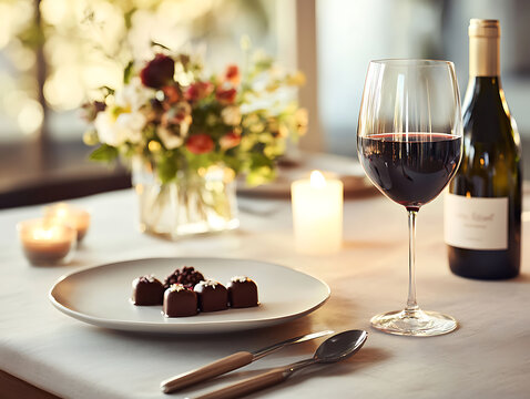 Romantic dinner setting with wine, chocolates, and candlelight creates an intimate atmosphere