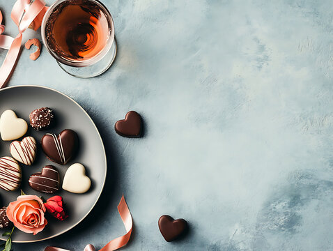 Elegant Valentine's Day chocolates and rose with wine on a textured surface
