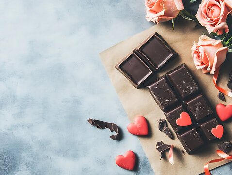 Dark chocolate bar with roses and heart-shaped candies for a sweet surprise