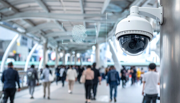 A modern CCTV camera monitors a busy urban pedestrian walkway, featuring a digital fingerprint authentication overlay. This hightech concept explores futuristic security and privacy in public space.