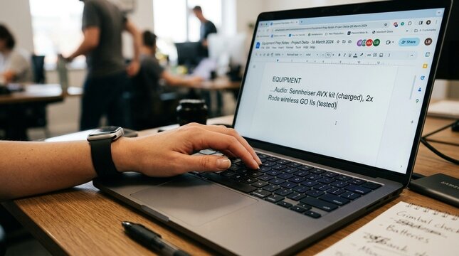 Hand typing equipment preparation notes into a shared document &ndash; Close-Up