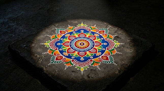 Vibrant Mandala Rangoli on Stone Floor
