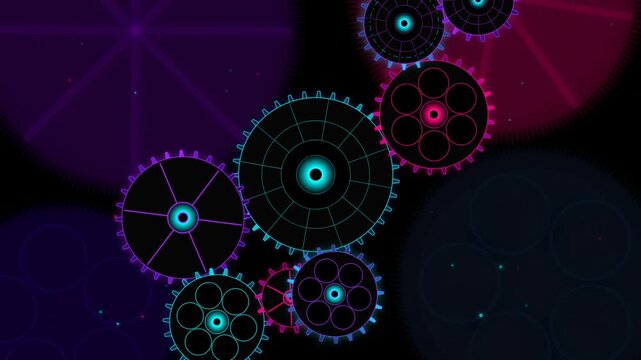 Abstract glowing neon gears and mechanical cogs spinning in a dark futuristic digital space 4K Motion Video