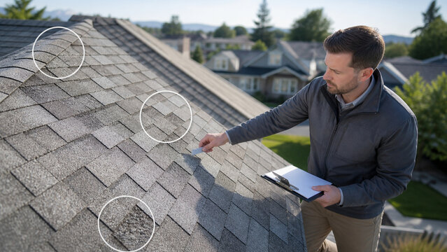 Professional roof inspector examines worn asphalt shingles and marked damage areas on a suburban home rooftop.