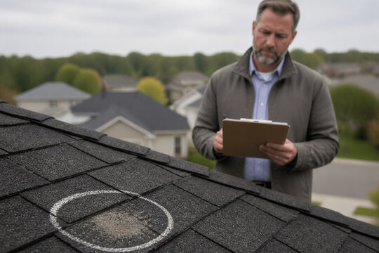 Home inspector records a roof assessment beside marked damaged asphalt shingles in a suburban neighborhood.