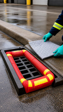 Gloved worker installs red and yellow absorbent barriers around a roadside storm drain on wet pavement to help contain runoff.