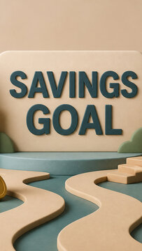 Minimal pastel 3D scene featuring bold savings goal lettering, winding paths and steps for personal finance planning.