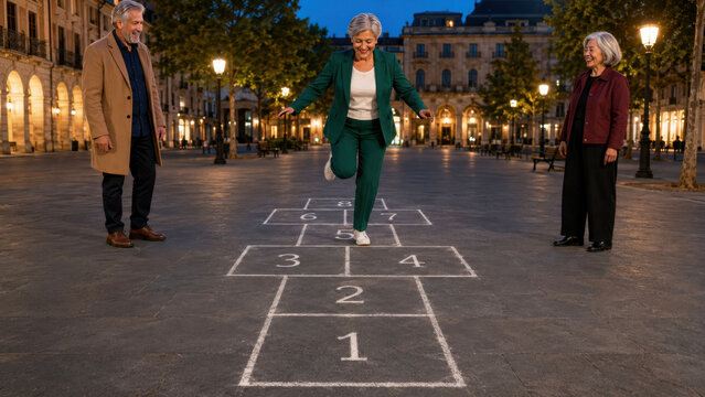 Playful Senior Friends Playing Hopscotch in a City Square at Night