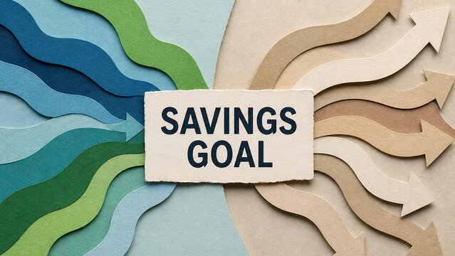 Layered paper cutout design with blue, green and beige arrows flowing toward a central savings goal message.