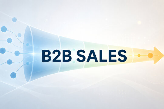 Modern business-to-business sales funnel illustration with connected blue network nodes flowing into a bright arrow on a clean abstract background.