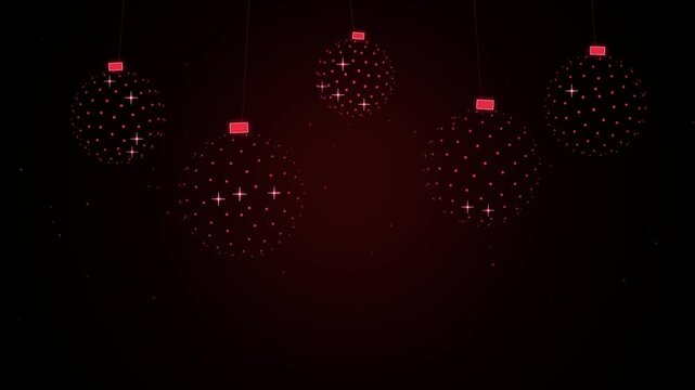 Red christmas ornaments hanging with sparkling stars and glowing lights on a dark background 4K Motion Video