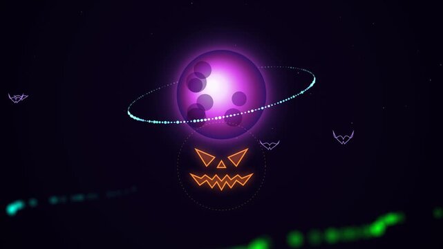 Glowing purple moon with a digital orange pumpkin face and flying bats in a dark space background for a modern halloween celebration concept 4K Motion Video