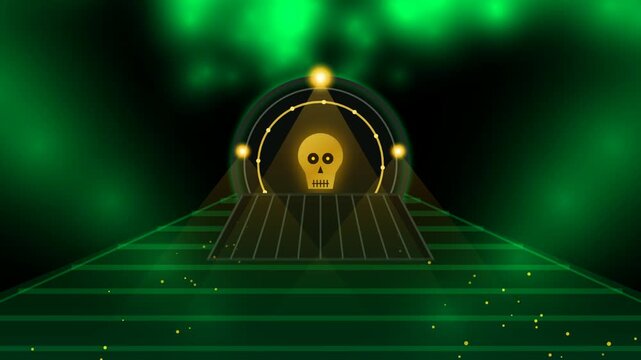 Glowing skull icon in a digital triangle frame with neon green light and futuristic abstract lines 4K Motion Video