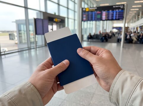 First person view of a traveler holding a passport and boarding pass inside a modern airport terminal.