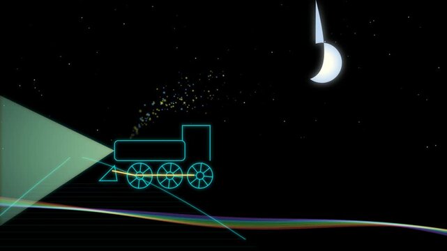 Neon outline of a steam train traveling through a dark night sky with a crescent moon and abstract glowing light beams and colorful smoke 4K Motion Video