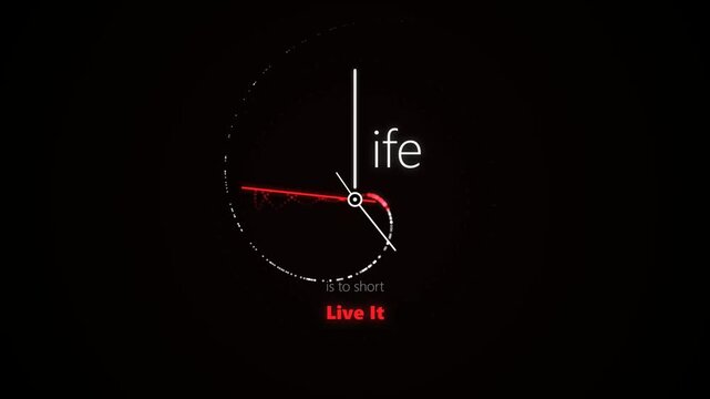 Creative clock face design with the inspirational text quote life is too short live it on a dark black background 4K Motion Video