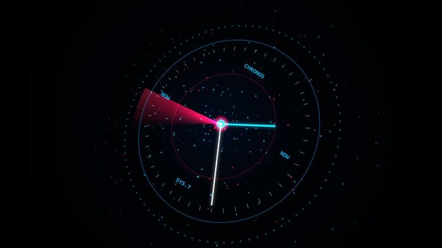 Futuristic digital clock interface with glowing circular radar style display in dark space 4K Motion Video