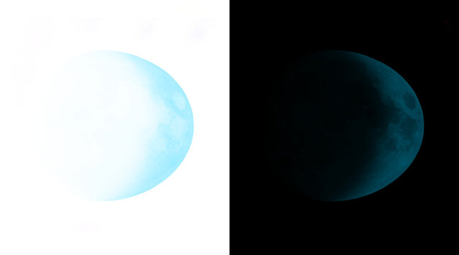Minimalist blue moon illustration set, glowing lunar sphere on white and black backgrounds, celestial planet icons for space design