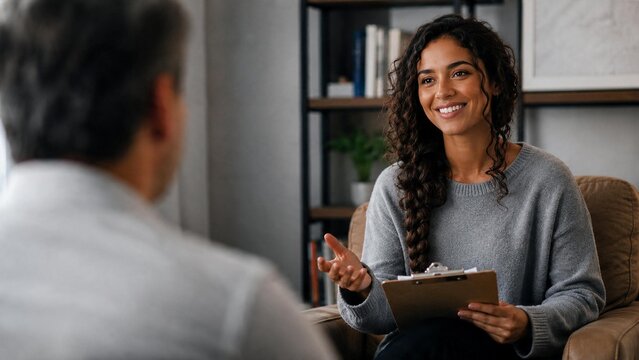 Jovem brasileira sorridente respondendo a um question&aacute;rio na consulta com psic&oacute;logo, conceito de reabilita&ccedil;&atilde;o psicol&oacute;gica