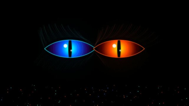 Glowing cat eyes with blue and orange neon light in the dark 4K Motion Video