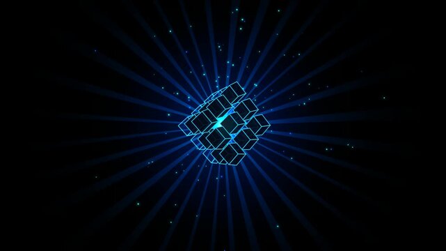 Glowing neon blue cube puzzle floating in dark space with light rays and particles 4K Motion Video