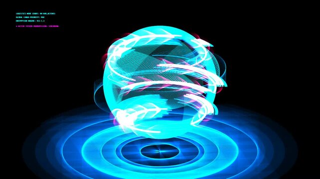 Abstract glowing blue digital sphere with light arrows and circular data patterns on a dark background 4K Motion Video