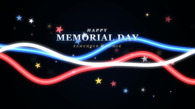 Happy memorial day greeting card with red white and blue glowing wavy lines and stars on a black background 4K Motion Video