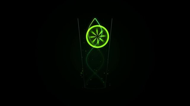 Abstract green glowing lime slice icon with light rays and leaf shape on a dark black background 4K Motion Video