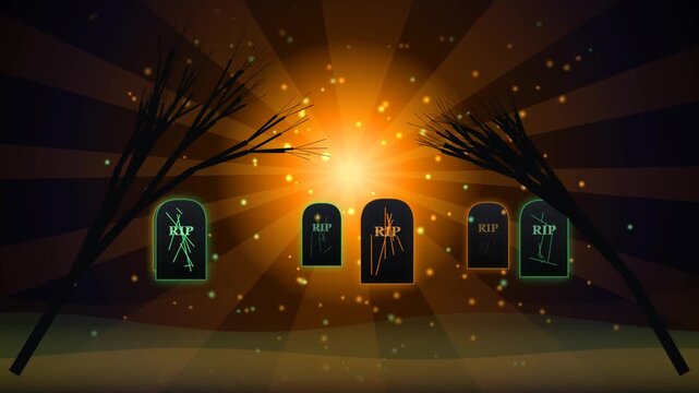 Spooky graveyard scene with glowing tombstones and silhouettes of dead trees at night for halloween party background 4K Motion Video