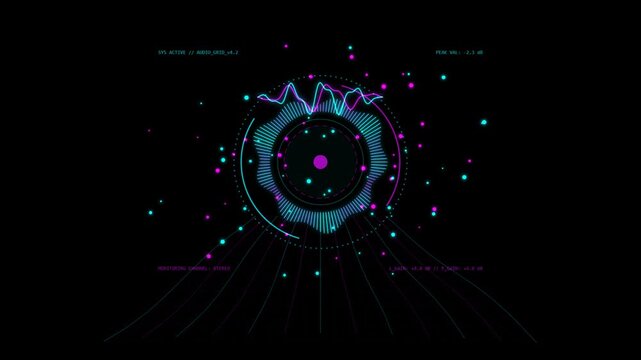 Futuristic digital hud interface with glowing neon circular data visualization and floating particles on a dark background 4K Motion Video