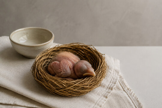 Newborn bird in woven grass nest with linen cloth and ceramic bowl, new life care concept