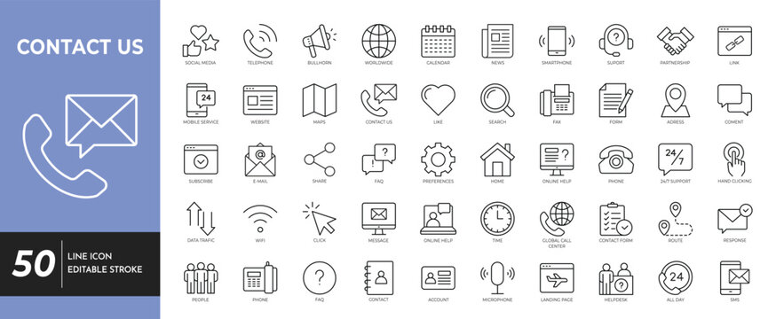 Contact us icon set editable stroke