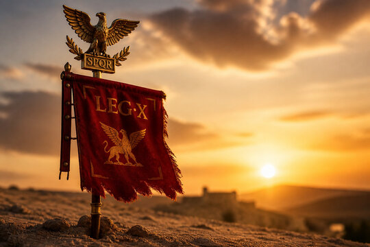 A red Roman legionary standard with a golden eagle planted in sandy soil.
