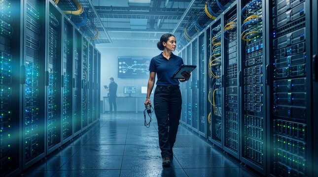 Network engineer walking in server room