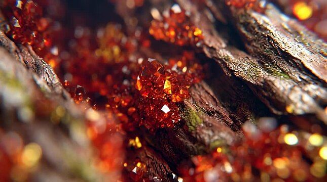 Abstract macro shot of fiery red gemstones embedded within rough textured wood grain a captivating blend of natural beauty and raw mineral power