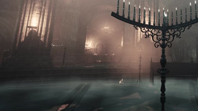 A dimly lit church shows tall arches and fog covering the floor. Candles stand on a metal holder while shadows create an eerie atmosphere. The scene suggests a quiet moment in the evening.