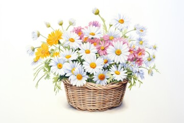 Obraz premium Wicker basket full of daisy flowers plant white background inflorescence.