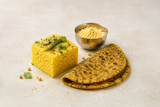 Steamed dhokla square with thepla flatbread and chickpea batter bowl, retail food display