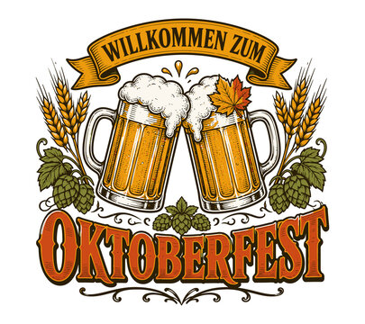 Oktoberfest beer mugs illustration isolated on transparent background