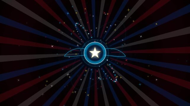 Bright glowing star symbol with wings in a colorful sunburst background 4K Motion Video