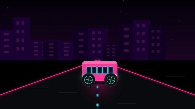 Pink bus driving on a dark highway at night with a futuristic city skyline in the background 4K Motion Video