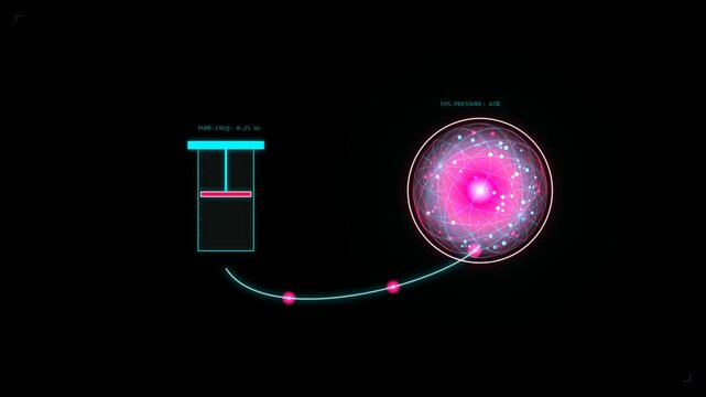 Futuristic digital interface showing a piston mechanism connected to a glowing pink energy sphere on a dark background 4K Motion Video