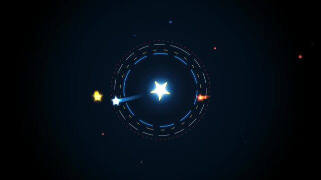 Bright glowing star in the center of a circular digital orbit with shooting stars and dark space background 4K Motion Video