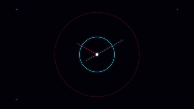 Minimalist abstract clock face animation with rotating neon hands and circular ui 4k time