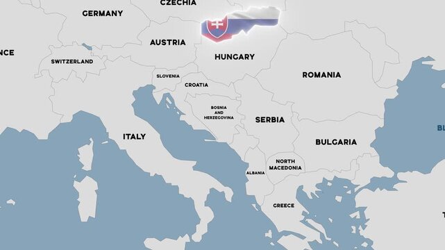4K animation of a map of Central and Eastern Europe with Slovakia highlighted in the colors of the Slovak national flag.