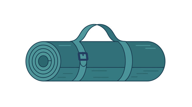 A teal sleeping mat rolled up with straps