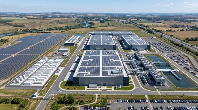 Aerial view of a modern industrial facility with solar panels, showcasing sustainable technology in operation and expansive landscape.