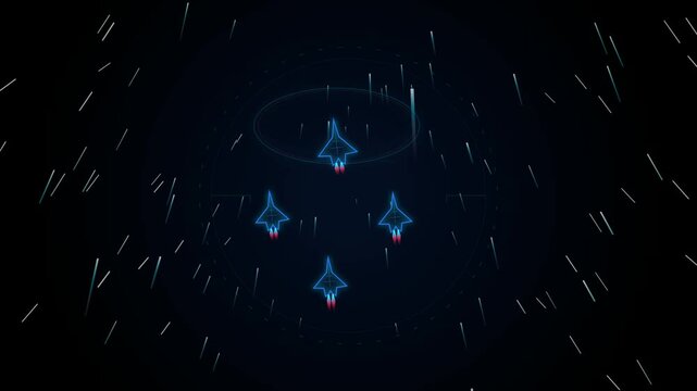 Four fighter jets flying in formation with glowing blue light trails in the dark night sky with motion blur effect 4K Motion Video